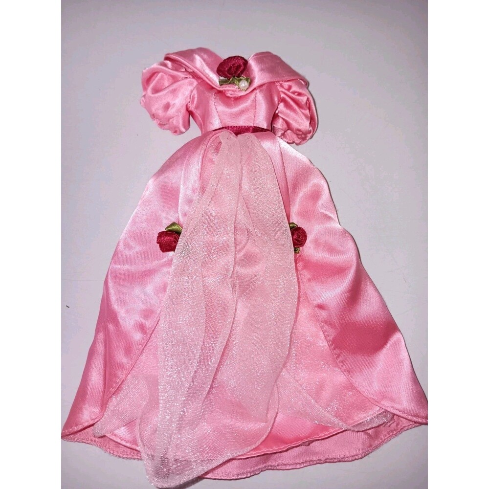 1995 Genuine Sweet Valentine Barbie Pink Satin Sheer Doll Gown Dress Roses Vtg
